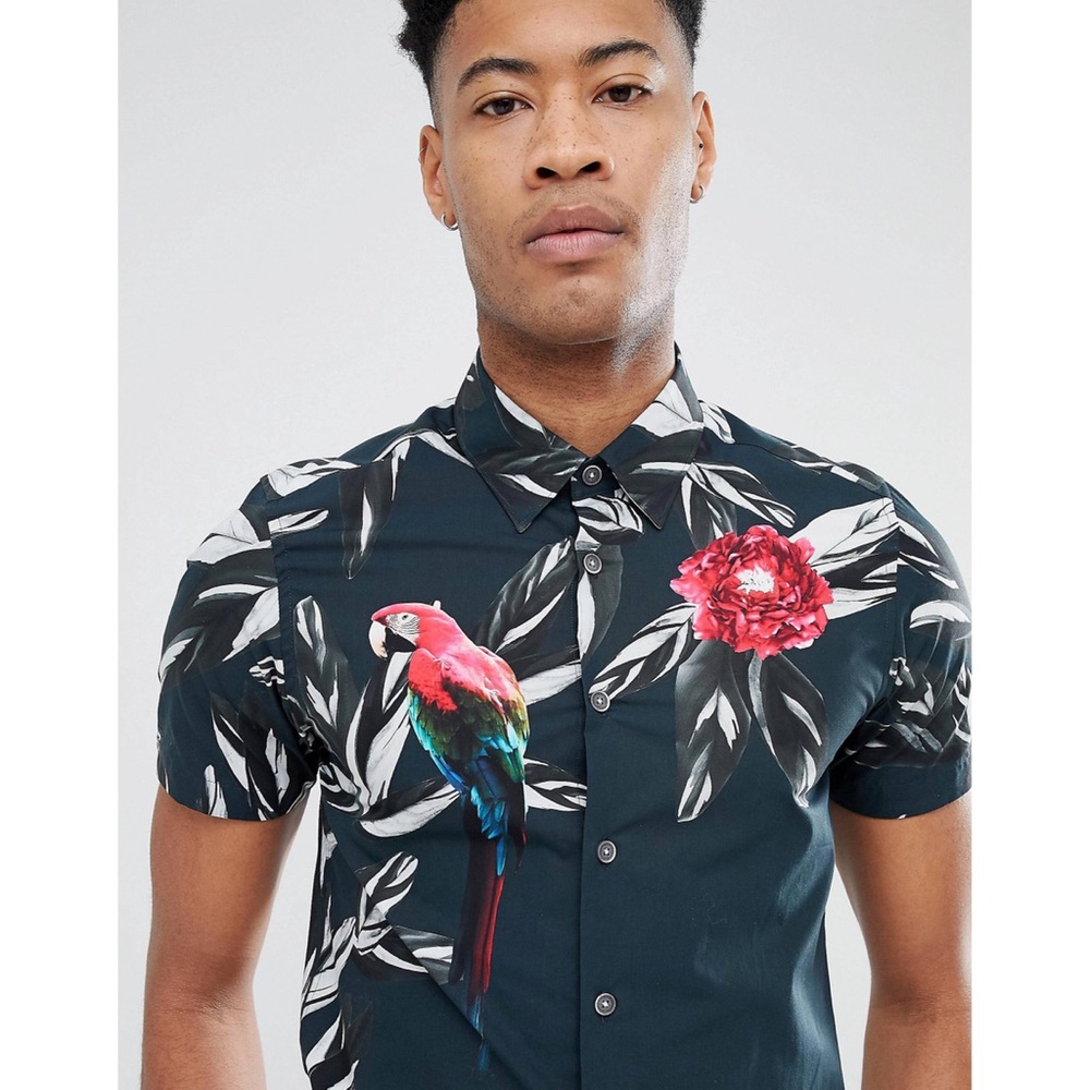 Ted Baker Men’s T For Tall Slim Short Sleeved Dress Shirt Tropical Floral Print - Picture 2 of 13